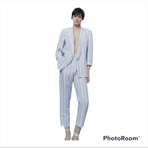 ZARA Blue White Striped Linen Blend High Rise Cropped Pants Medium - Picture 7 of 14
